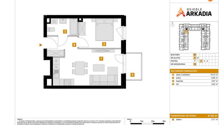 Rzut - Mieszkanie na sprzedaż 2 pokoje o powierzchni 37,02 m² - numer B1.19 w Osiedle Arkadia etap 2