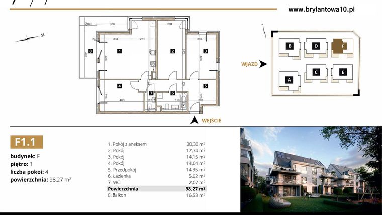 Rzut - Mieszkanie na sprzedaż 4 pokoje o powierzchni 98,27 m² - numer F1.1 w Brylantowa 10