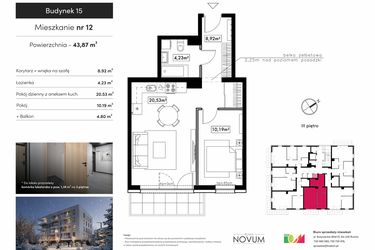 Rzut - Mieszkanie na sprzedaż 2 pokoje o powierzchni 43,87 m² - numer M12 w Novum Rumia - bud. 15