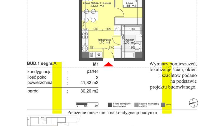 Rzut - Mieszkanie na sprzedaż 2 pokoje o powierzchni 41,82 m² - numer M1 w Apartamenty Dwa Światy etap II