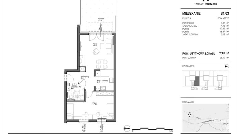 Rzut - Mieszkanie na sprzedaż 2 pokoje o powierzchni 52,83 m² - numer B1.03 w Tarasy Wierzycy