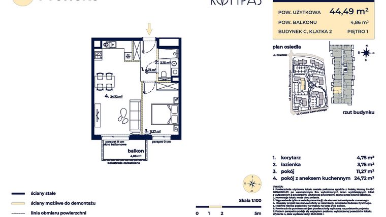 Rzut - Mieszkanie na sprzedaż 2 pokoje o powierzchni 44,49 m² - numer C51 w Osiedle Kompas