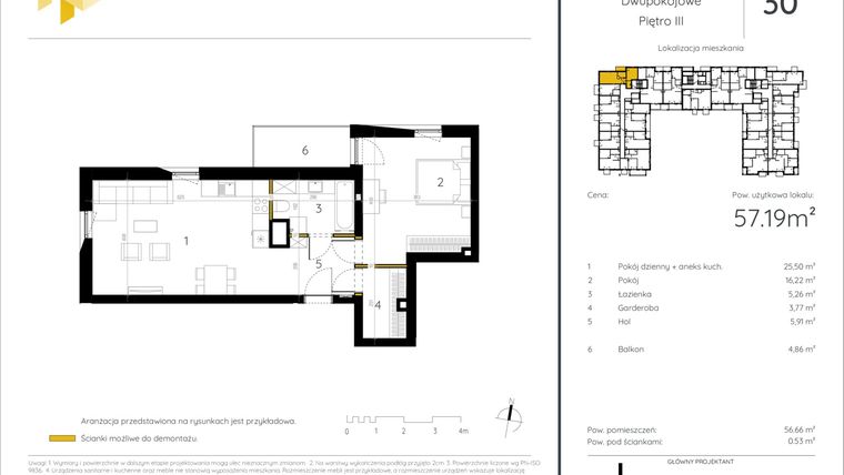 Rzut - Mieszkanie na sprzedaż 2 pokoje o powierzchni 57,19 m² - numer 3.30 w Perła Piotrkowska