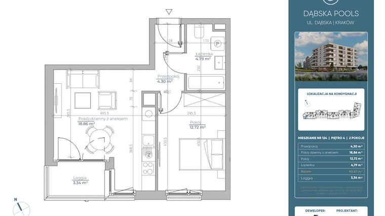 Rzut - Mieszkanie na sprzedaż 2 pokoje o powierzchni 40,67 m² - numer 124 w Dąbska Pools