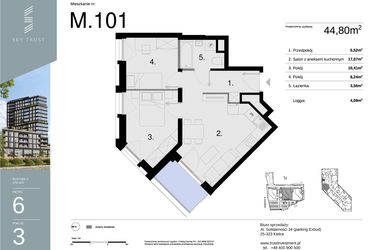 Rzut - Mieszkanie na sprzedaż 3 pokoje o powierzchni 44,8 m² - numer M101 w Sky Trust etap II