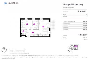 Rzut - Mieszkanie na sprzedaż 3 pokoje o powierzchni 48,62 m² - numer 2.A.0.01 w Murapol Mateczniq