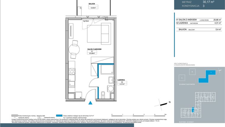 Rzut - Mieszkanie na sprzedaż 1 pokój o powierzchni 30,17 m² - numer L1.3.11 w Nordic Bemowo - etap III