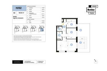 Rzut - Mieszkanie na sprzedaż 3 pokoje o powierzchni 56,92 m² - numer H/02 w Osiedle Bolko etap II