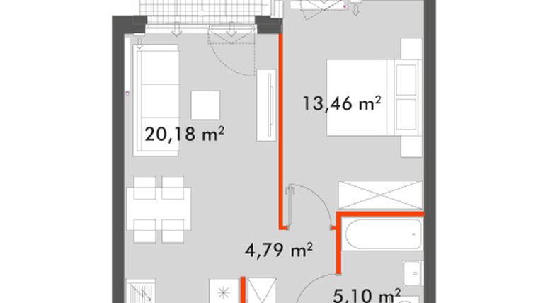Rzut - Mieszkanie na sprzedaż 2 pokoje o powierzchni 43,53 m² - numer F1.B.02.02 w Splot Wola