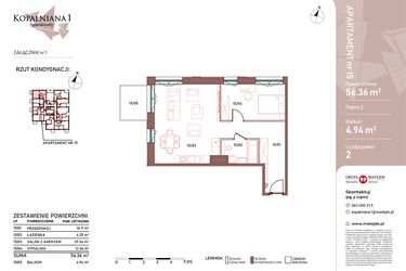 Rzut - Mieszkanie na sprzedaż 2 pokoje o powierzchni 56,36 m² - numer 15 w Kopalniana