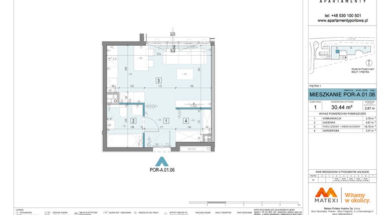 Rzut - Mieszkanie na sprzedaż 1 pokój o powierzchni 30,44 m² - numer A.01.06 w Apartamenty Portowa