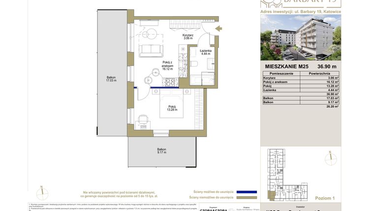 Rzut - Mieszkanie na sprzedaż 2 pokoje o powierzchni 36,9 m² - numer M25 w Barbary 19