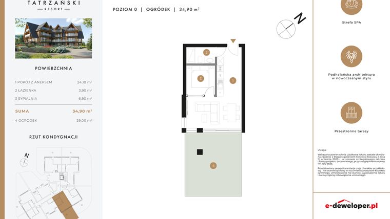 Rzut - Mieszkanie na sprzedaż 2 pokoje o powierzchni 34,9 m² - numer A04 w Tatrzański Resort