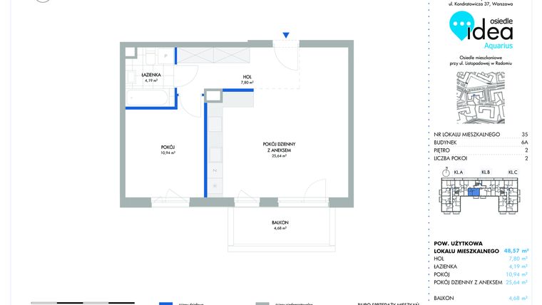 Rzut - Mieszkanie na sprzedaż 2 pokoje o powierzchni 48,57 m² - numer 6A/35 w Osiedle Idea Aquarius