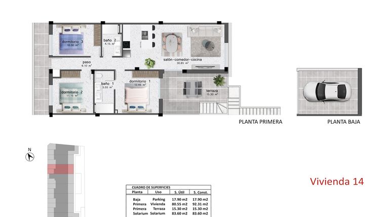 Rzut - Dom na sprzedaż 3 pokoje o powierzchni 99,35 m² - numer 14 w Domy w Pilar de la Horadada - 62773019