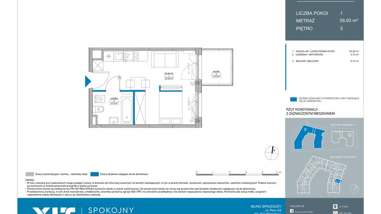 Rzut - Mieszkanie na sprzedaż 1 pokój o powierzchni 26,93 m² - numer FB0302 w Spokojny Mokotów etap II