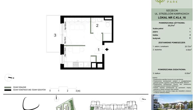 Rzut - Mieszkanie na sprzedaż 1 pokój o powierzchni 25,27 m² - numer C.4.16 w Bukovo Park