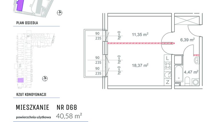 Rzut - Mieszkanie na sprzedaż 2 pokoje o powierzchni 40,58 m² - numer D68 w Osiedle Impresja 2