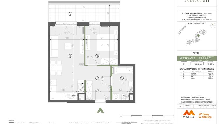Rzut - Mieszkanie na sprzedaż 2 pokoje o powierzchni 48,1 m² - numer F2.B.01.02 w Sady Żoliborz II
