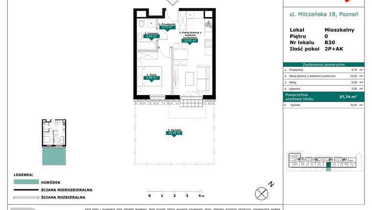 Rzut - Mieszkanie na sprzedaż 2 pokoje o powierzchni 37,74 m² - numer B30 w Milczańska 18