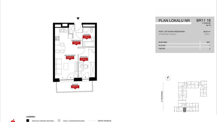 Rzut - Mieszkanie na sprzedaż 2 pokoje o powierzchni 36,83 m² - numer BR11/18 w Browary Wrocławskie 2