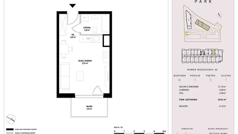Rzut - Mieszkanie na sprzedaż 1 pokój o powierzchni 29,61 m² - numer B56 w Witosa Park