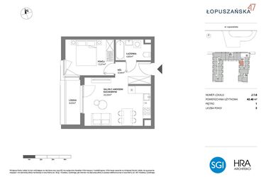 Rzut - Mieszkanie na sprzedaż 2 pokoje o powierzchni 42,4 m² - numer J.1.6 w Łopuszańska 47 - etap 3