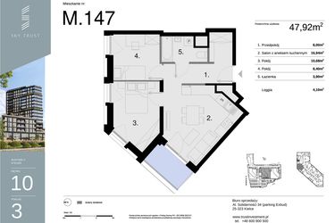 Rzut - Mieszkanie na sprzedaż 3 pokoje o powierzchni 47,92 m² - numer M147 w Sky Trust etap II