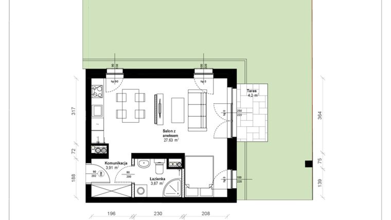 Rzut - Mieszkanie na sprzedaż 1 pokój o powierzchni 36,01 m² - numer B.0.07.1k w ATRIUM