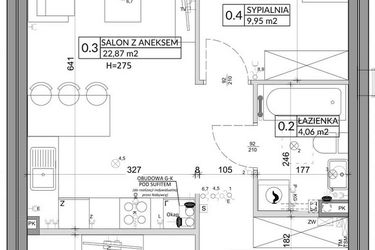 Rzut - Mieszkanie na sprzedaż 3 pokoje o powierzchni 57,39 m² - numer 74A w Osiedle Młodych etap VII