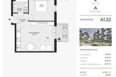 Rzut - Mieszkanie na sprzedaż 2 pokoje o powierzchni 41,58 m² - numer A1.22 w Enklawa Bukowa