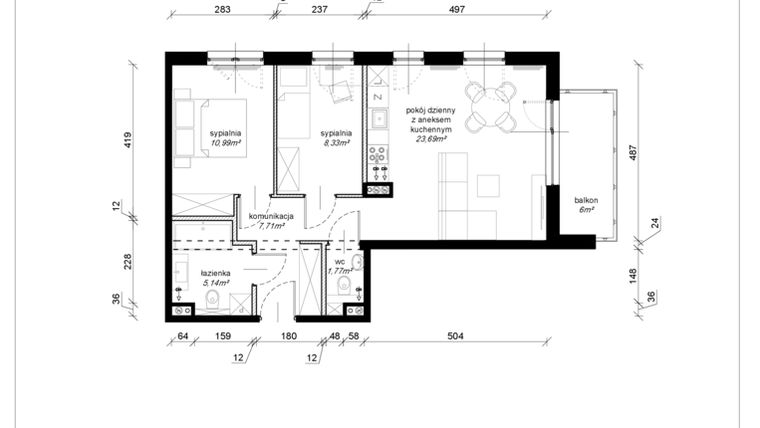 Rzut - Mieszkanie na sprzedaż 3 pokoje o powierzchni 57,58 m² - numer E.3.23.3a w Art.Teo etap 3