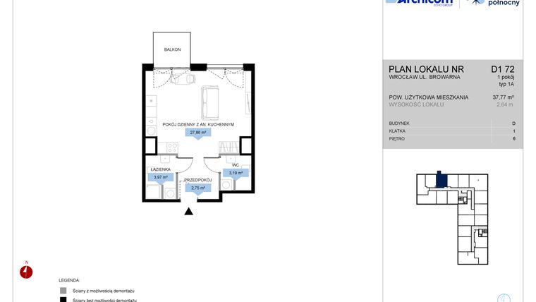 Rzut - Mieszkanie na sprzedaż 1 pokój o powierzchni 37,77 m² - numer D1.72 w Bulwar Północny
