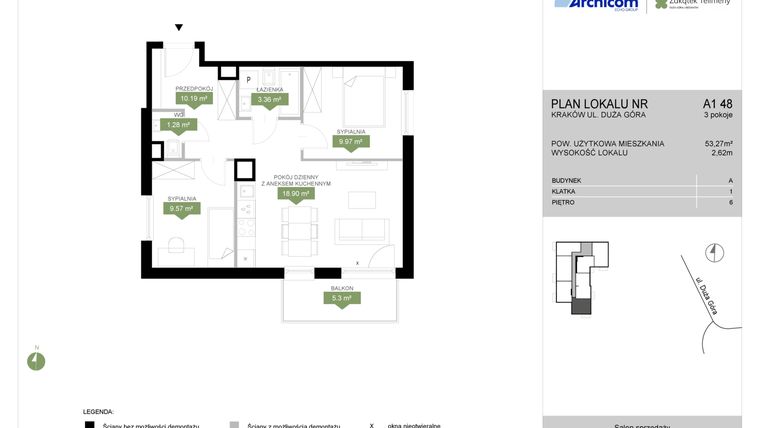 Rzut - Mieszkanie na sprzedaż 3 pokoje o powierzchni 53,27 m² - numer A1 48 w Zakątek Telimeny