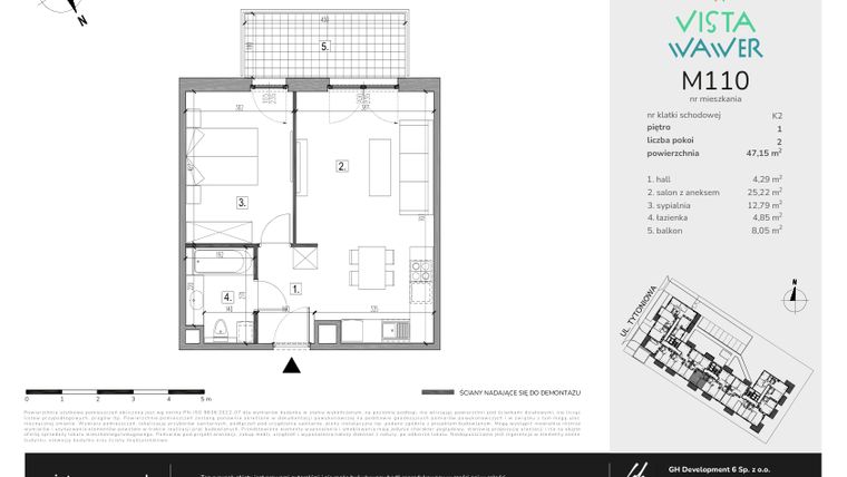Rzut - Mieszkanie na sprzedaż 2 pokoje o powierzchni 47,15 m² - numer M110 w Vista Wawer