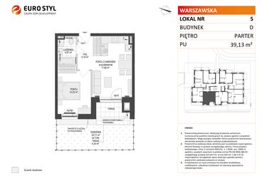 Rzut - Mieszkanie na sprzedaż 2 pokoje o powierzchni 39,13 m² - numer D.5 w Osiedle Warszawska etap II