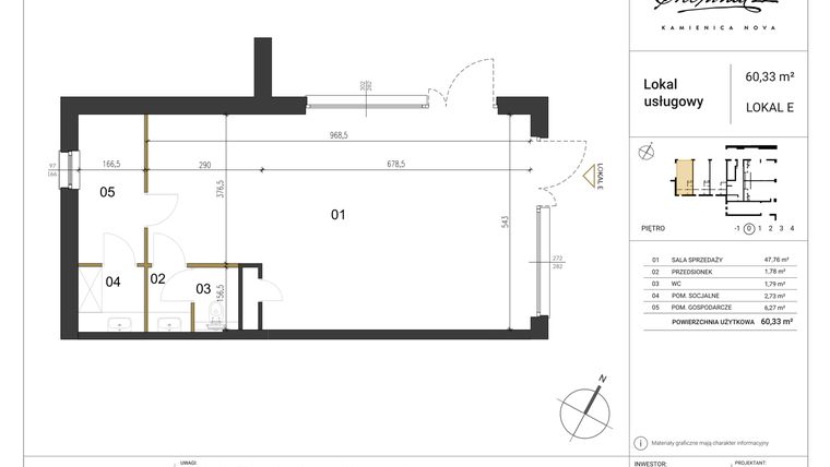 Rzut - Lokal użytkowy na sprzedaż 4 pokoje o powierzchni 60,33 m² - numer E w Kamienica Nova Chopina