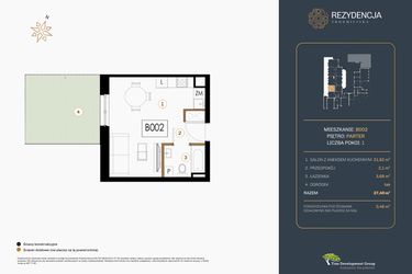 Rzut - Mieszkanie na sprzedaż 1 pokój o powierzchni 27,4 m² - numer B.002 w Rezydencja Śródmiejska
