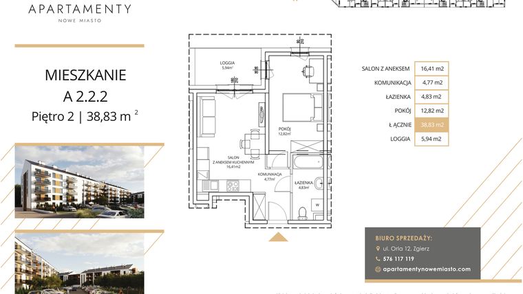Rzut - Mieszkanie na sprzedaż 2 pokoje o powierzchni 38,91 m² - numer A4.2.2 w Apartamenty Nowe Miasto