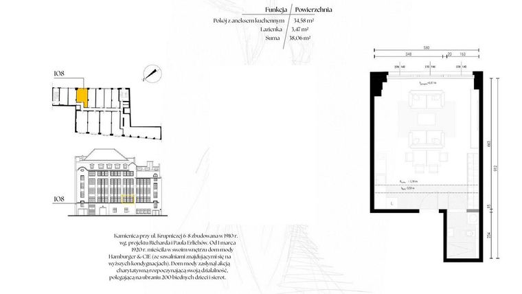 Rzut - Mieszkanie na sprzedaż 1 pokój o powierzchni 38,06 m² - numer G1/8 – 108 w Krupnicza 6/8