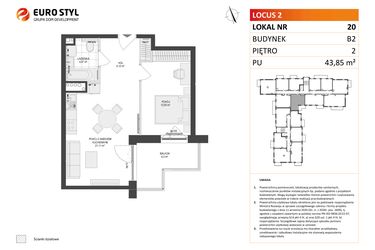 Rzut - Mieszkanie na sprzedaż 2 pokoje o powierzchni 43,85 m² - numer 20 w Locus 2 bud. B2