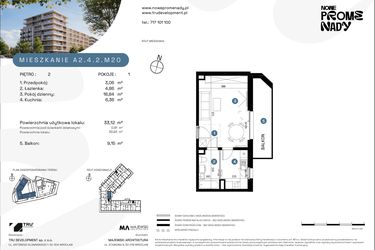 Rzut - Mieszkanie na sprzedaż 1 pokój o powierzchni 33,12 m² - numer A2.4.2.M20 w Nowe Promenady