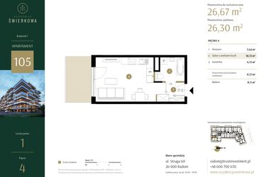 Rzut - Mieszkanie na sprzedaż 1 pokój o powierzchni 26,67 m² - numer 105 w Rezydencja Świerkowa