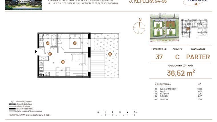 Rzut - Mieszkanie na sprzedaż 2 pokoje o powierzchni 36,52 m² - numer JAR-III-C-LM-M37 w Osiedle JAR Heweliusza etap III