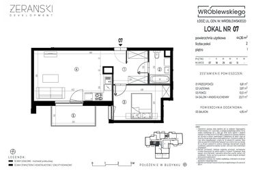 Rzut - Mieszkanie na sprzedaż 2 pokoje o powierzchni 44,36 m² - numer A07 w Wróblewskiego