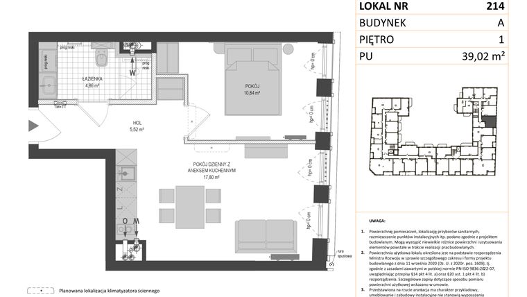 Rzut - Mieszkanie na sprzedaż 1 pokój o powierzchni 39,02 m² - numer A.214 w Esencja - Apartamenty inwestycyjne