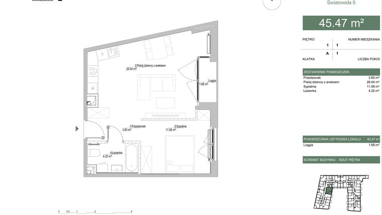 Rzut - Mieszkanie na sprzedaż 2 pokoje o powierzchni 45,47 m² - numer A.01.01 w IKONA Światowida 5