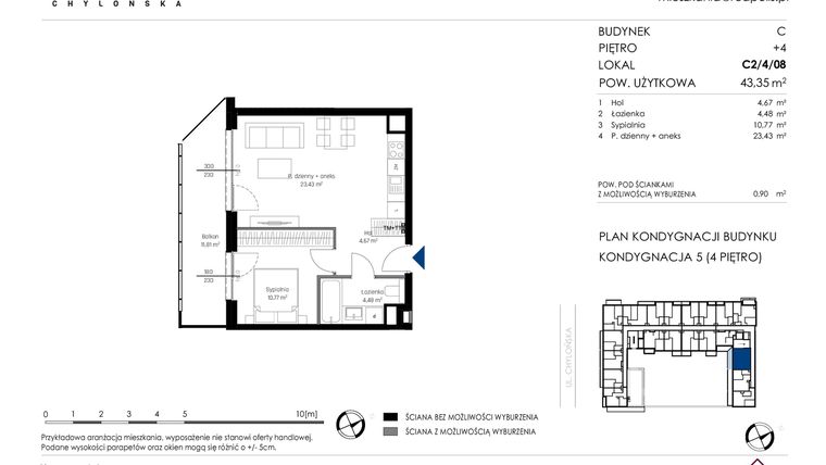 Rzut - Mieszkanie na sprzedaż 2 pokoje o powierzchni 43,35 m² - numer C2/4/08 w Chylońska STO10 etap III
