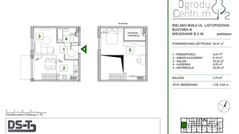 Rzut - Mieszkanie na sprzedaż 1 pokój o powierzchni 53,91 m² - numer B.3.38 w Ogrody Centrum 2