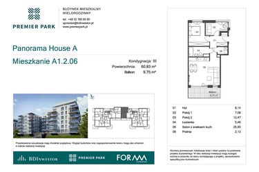 Rzut - Mieszkanie na sprzedaż 3 pokoje o powierzchni 60,83 m² - numer A1.2.06 w Premier Park II